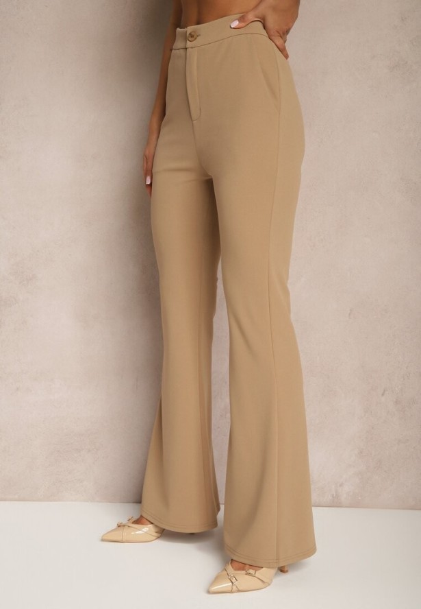 Ciemnobeżowe Spodnie High Waist Dzwony z Wiskozą Blazza