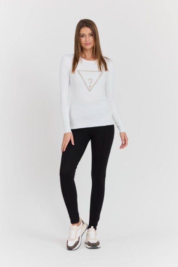 GUESS Biały damski sweter Rylie Triangle z dużym logo, Rozmiar L