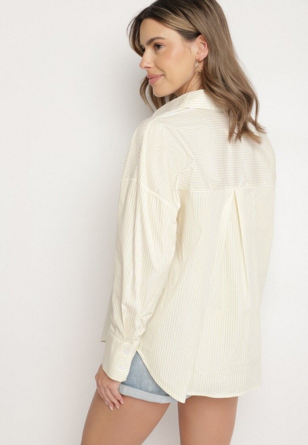 Żółta Bawełniana Koszula Oversize w Prążki Zdobiona Metaliczną Nicią Paserella