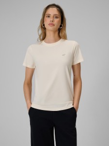 4F T-shirt regular gładki damski - kremowy XS