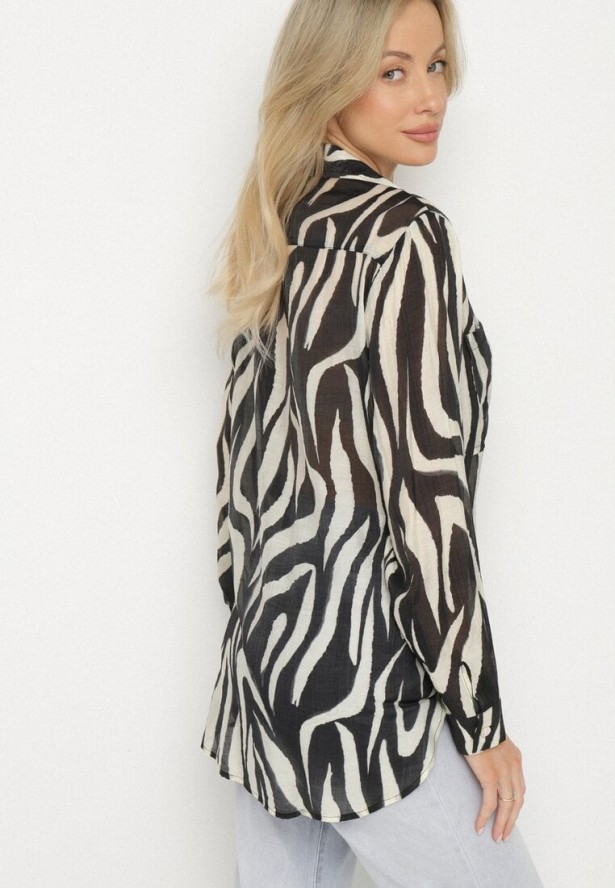 Czarna Klasyczna Koszula w Zebrę z Przezroczystej Tkaniny z Wiskozy Bovianne