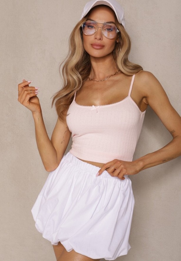 Różowy Top na Ramiączkach z Prążkowanej Tkaniny z Wiskozą Zdobiony Kokardką Iffenia