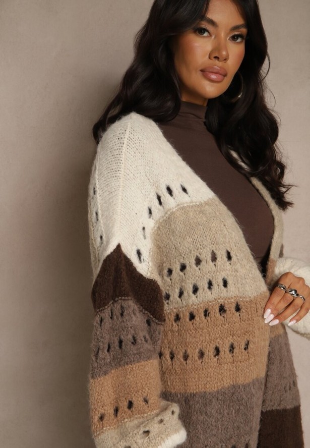 Beżowy Ażurowy Kardigan w Paski z Dodatkiem Wełny i Wiskozy o Długim Kroju Ilonine