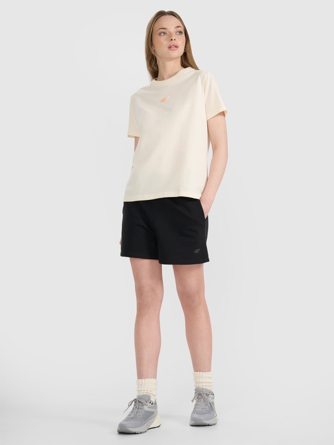 4F T-shirt oversize z nadrukiem damski - beżowy S