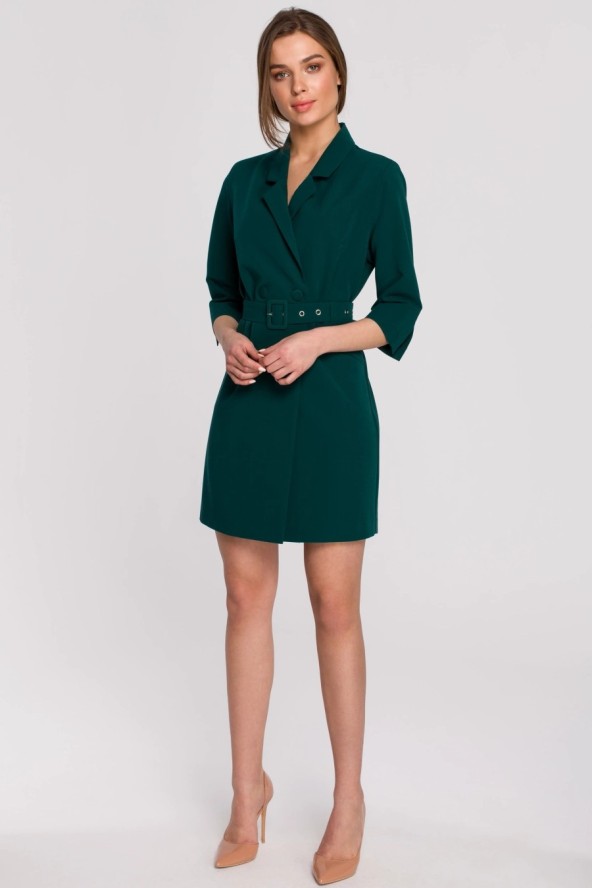 Elegancka sukienka marynarkowa z paskiem zielona