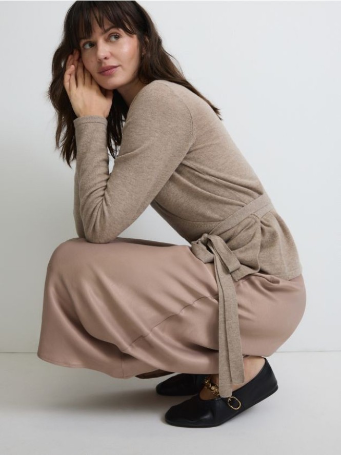 Spódnica midi z satynowym wykończeniem - brązowy