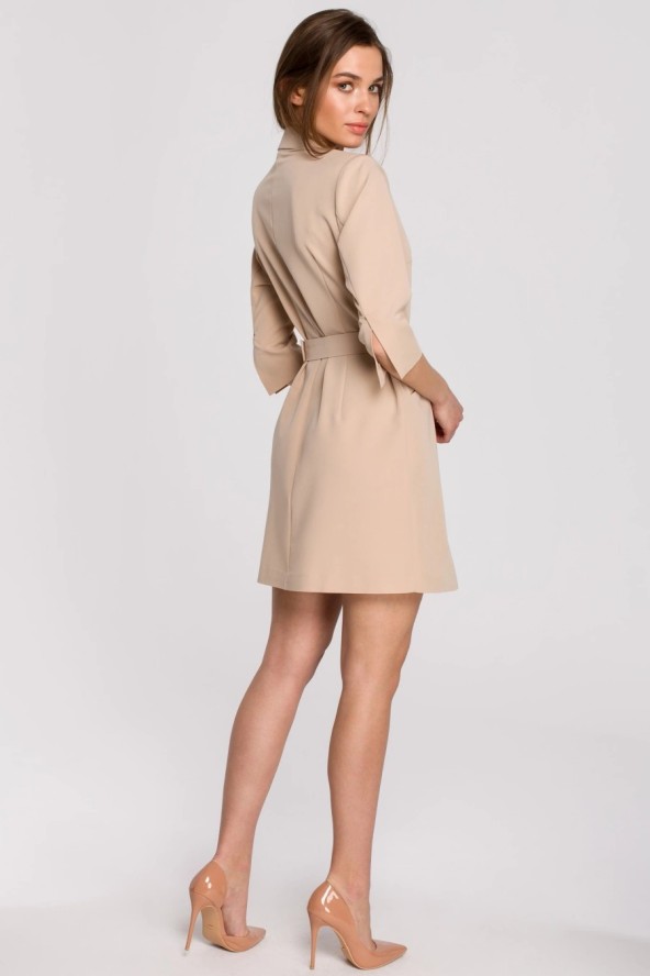 Elegancka sukienka marynarkowa z paskiem beżowa