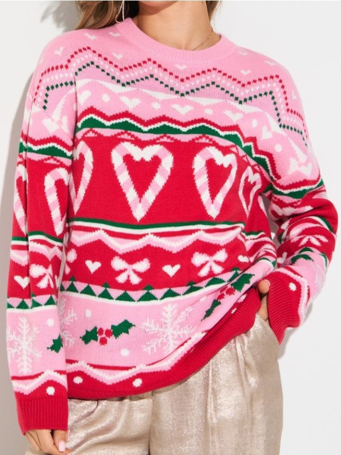 Świąteczny sweter w serca i śnieżynki - wielobarwny
