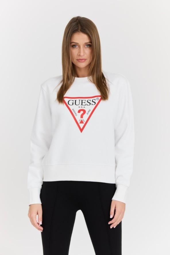 GUESS Biała damska bluza z dużym logo Original Fleece, Rozmiar S