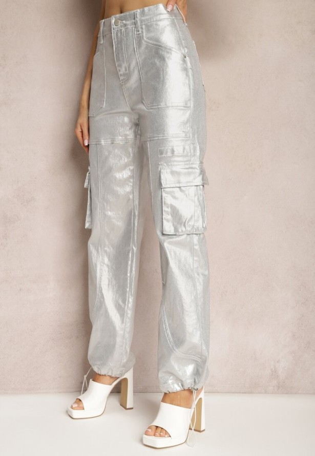 Srebrne Metaliczne Spodnie Bojówki z Kieszeniami Honna