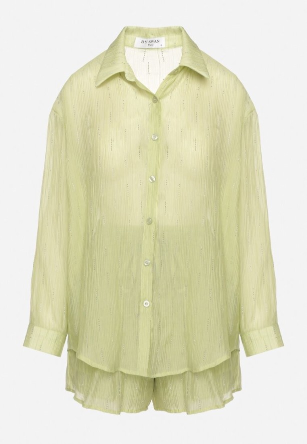 Zielony Komplet Ozdobiony Cyrkoniami Koszula i Szorty Jenorenea