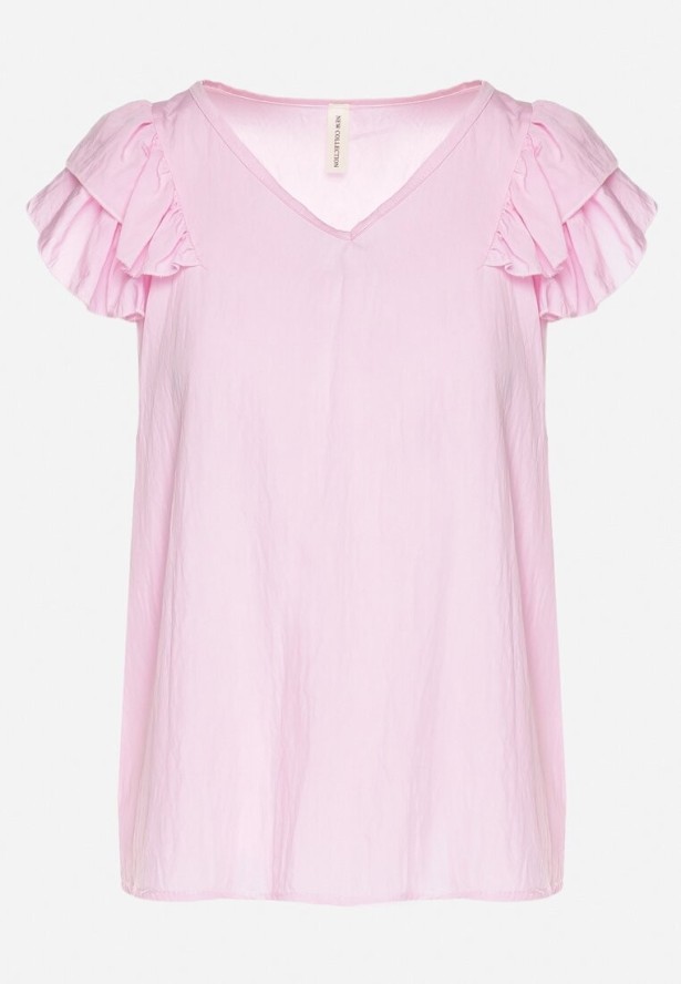 Jasnoróżowa Bluzka z Wiskozą Ozdobiona Falbankami Divestra