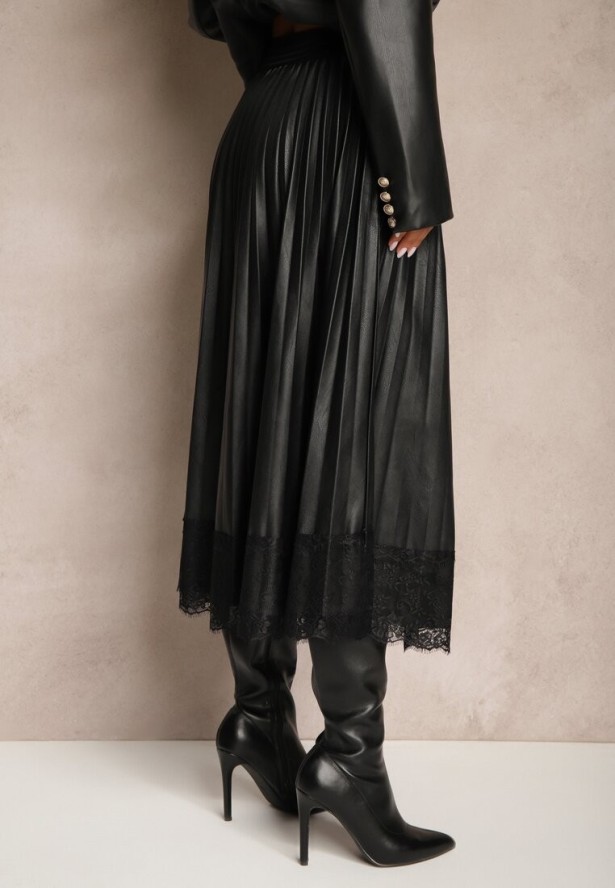 Czarna Rozkloszowana Spódnica Plisowana z Wiskozą z Imitacji Skóry Ozdobiona Koronką Etanielith