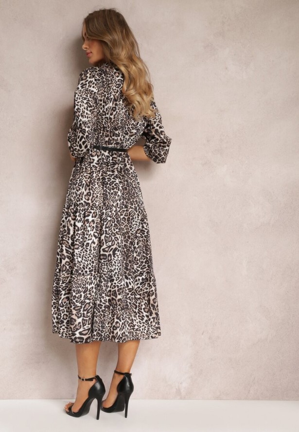 Brązowa Sukienka w Panterkę z Paskiem Antibrote