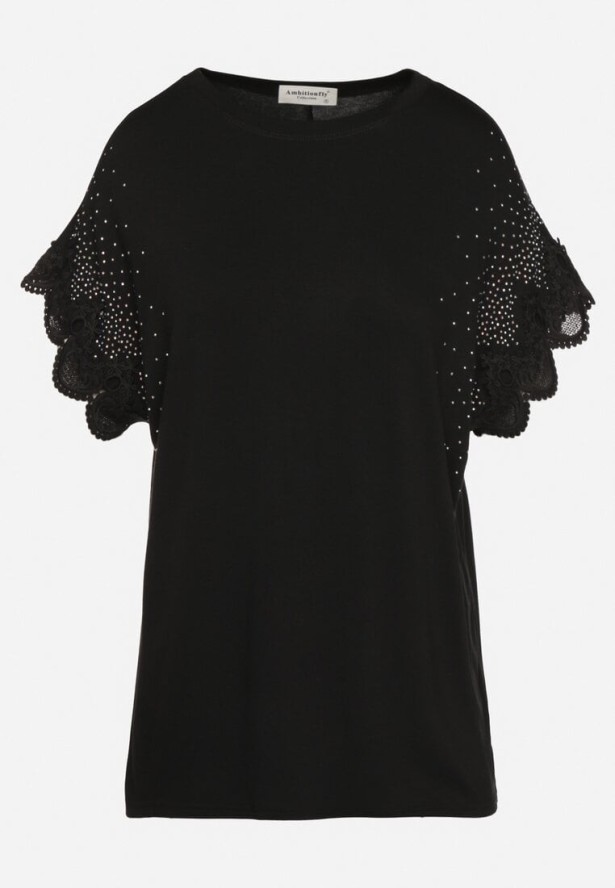 Czarna Bawełniana Bluzka Nietoperz z Koronkowymi Rękawami z Cyrkoniami Adivain