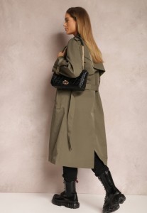 Ciemnozielony Płaszcz Trencz Dwurzędowy z Paskiem Lene
