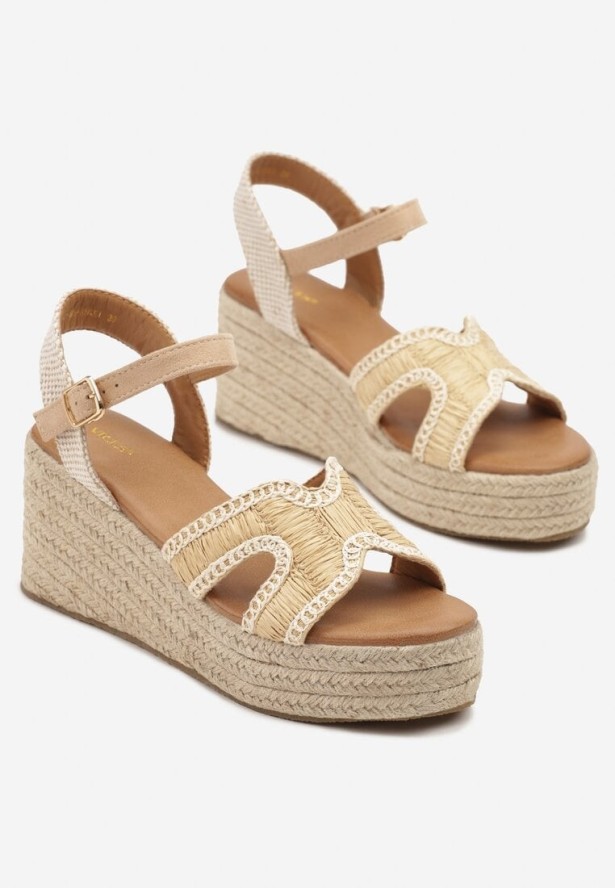 Ciemnobeżowe Sandały Vices na Koturnie z Plecionką i Wycięciami Filaruna