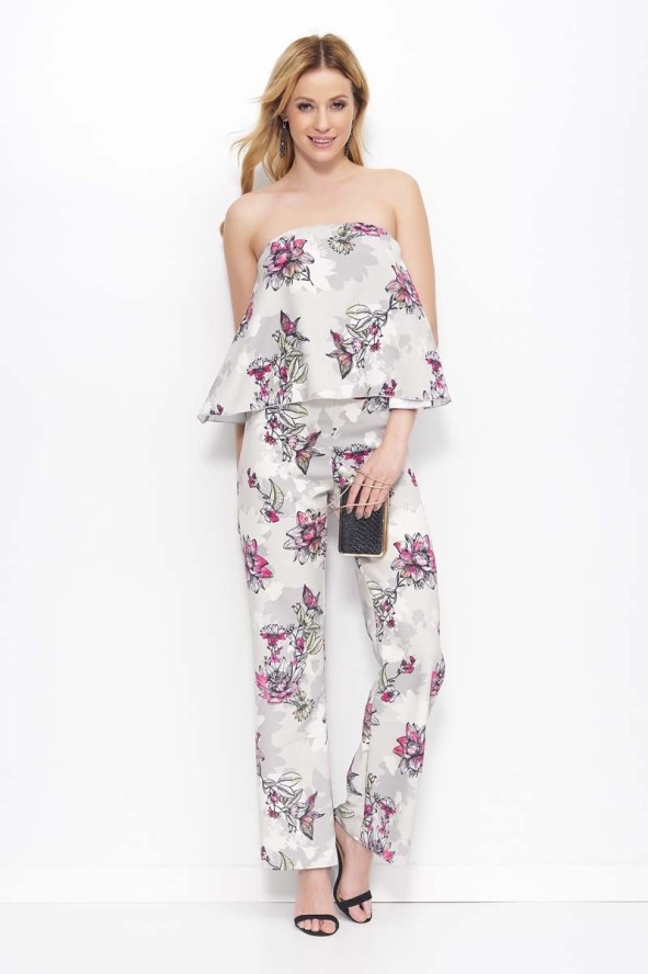 Beżowy Kombinezon w Kwiaty z Odkrytymi Ramionami Wzór 3