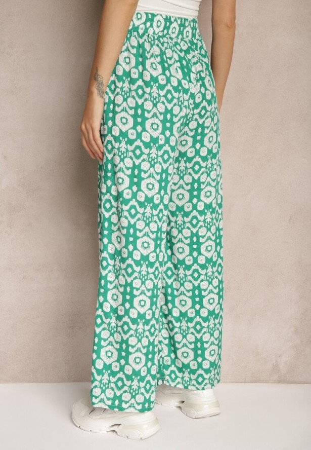 Zielone Wzorzyste Spodnie z Szerokimi Nogawkami i Gumką w Pasie z Wiskozy Zixia