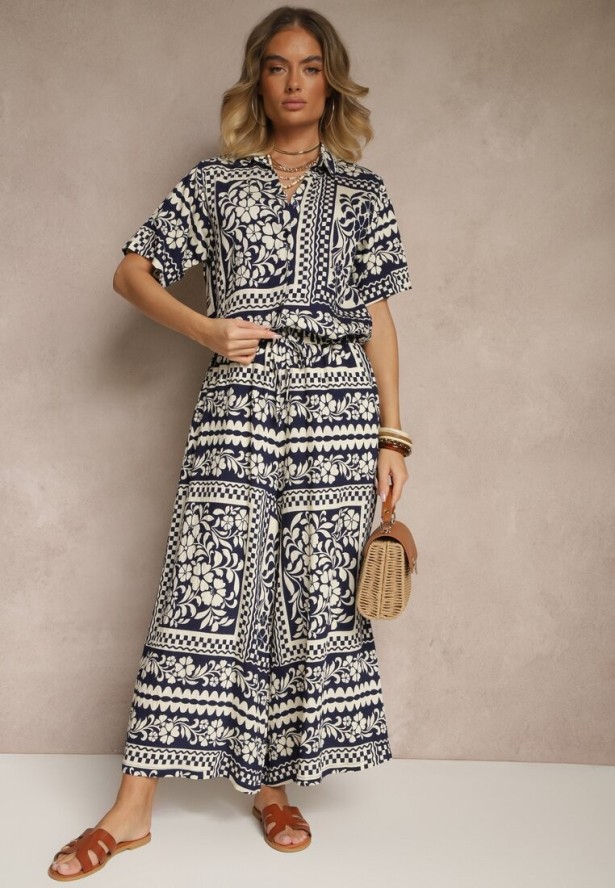 Granatowy Komplet z Wiskozą w Kwiatowy Wzór Koszula i Spodnie Sonelienna