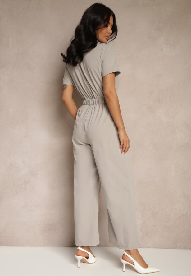 Szary Kombinezon Wide Leg z Kołnierzykiem Suwakiem i Krótkim Rękawem Jenaralitia