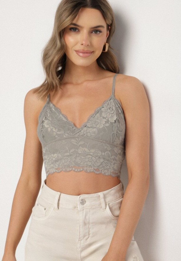 Jasnozielony Koronkowy Top na Ramiączkach z Dekoltem w Serek Pasmiriela