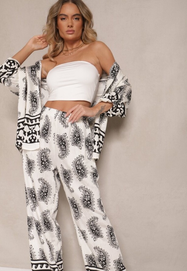 Biało-Czarny Komplet z Wiskozy Zdobiony Printem Paisley Koszula i Spodnie Zolleva