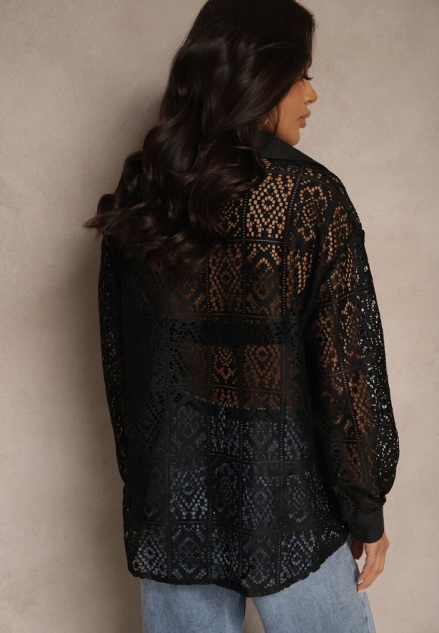 Czarna Koszula z Ażurowej Tkaniny z Kieszeniami Terista