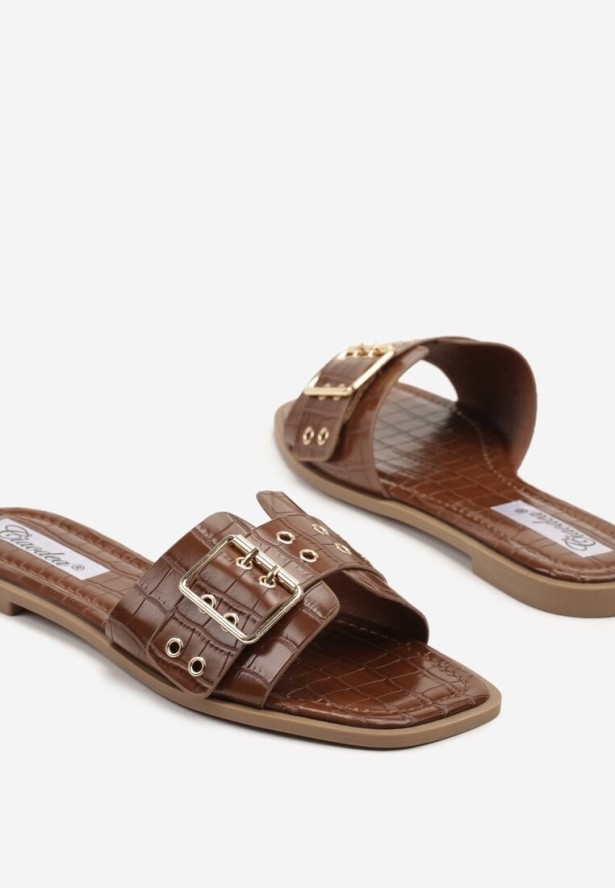 Brązowe Klapki z Nitami Paskiem i Klamrą Novolise