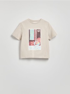 Bawełniany t-shirt z nadrukiem - beżowy