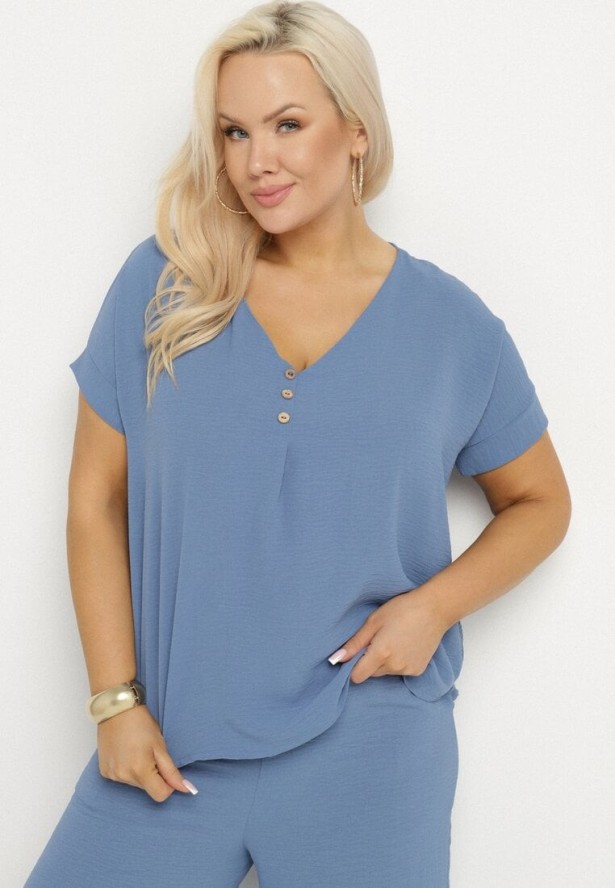 Niebieski Komplet o Fasonie Oversize Bluzka i Szerokie Spodnie Amisora