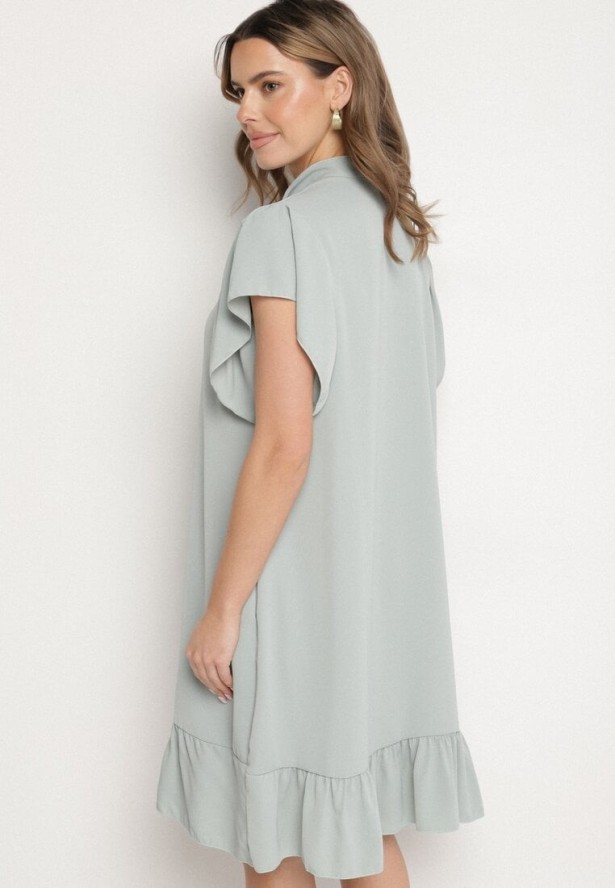 Jasnozielona Sukienka Koszulowa z Guzikami i Falbankami Tenalena