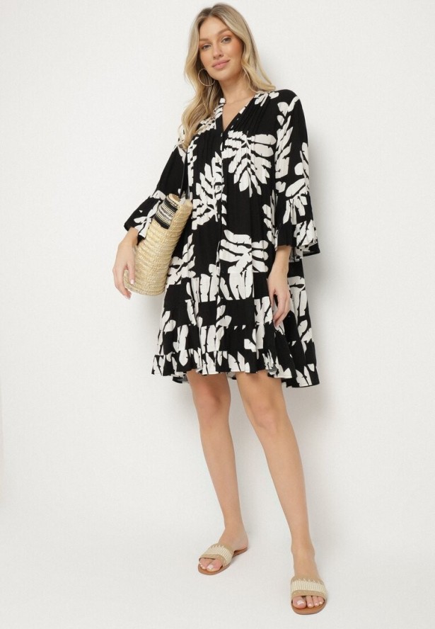 Czarna Wiskozowa Sukienka Koszulowa Ozdobiona Falbankami w Liście Edivonia