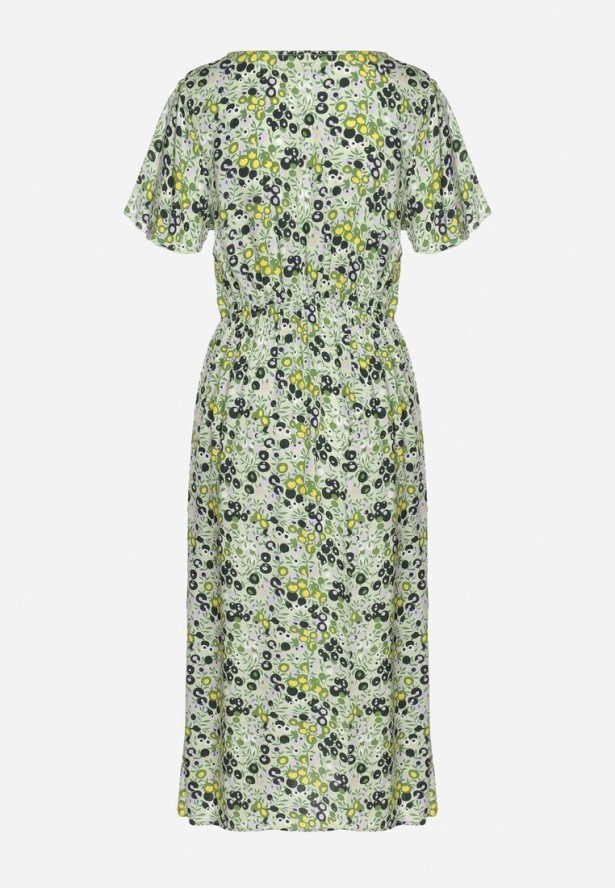 Zielona Rozkloszowana Sukienka z Wiskozy z Dekoltem w Serek Zapinana na Guziki Neliae