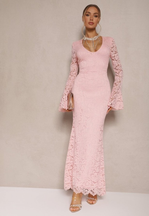 Ciemnoróżowa Dopasowana Sukienka Zdobiona Koronką z Rozszerzanym Dołem Hannalis