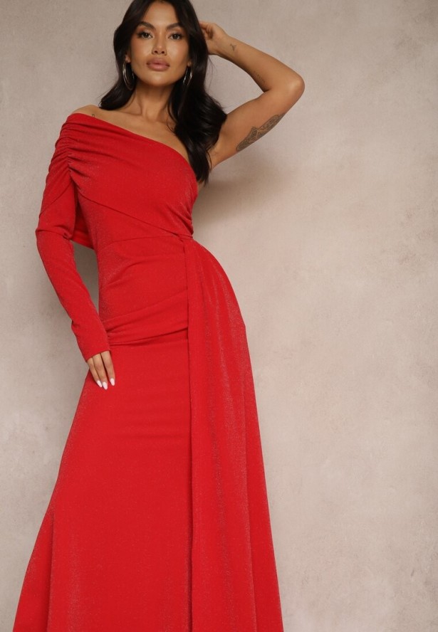 Czerwona Wieczorowa Sukienka Asymetryczna na Jedno Ramię z Trenem i Metaliczną Nicią Emivonia