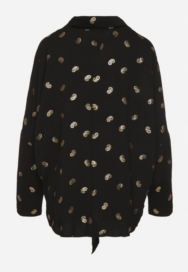 Czarna Bluzka z Metalicznym Nadrukiem i Ozdobnym Kołnierzykiem Nonivia