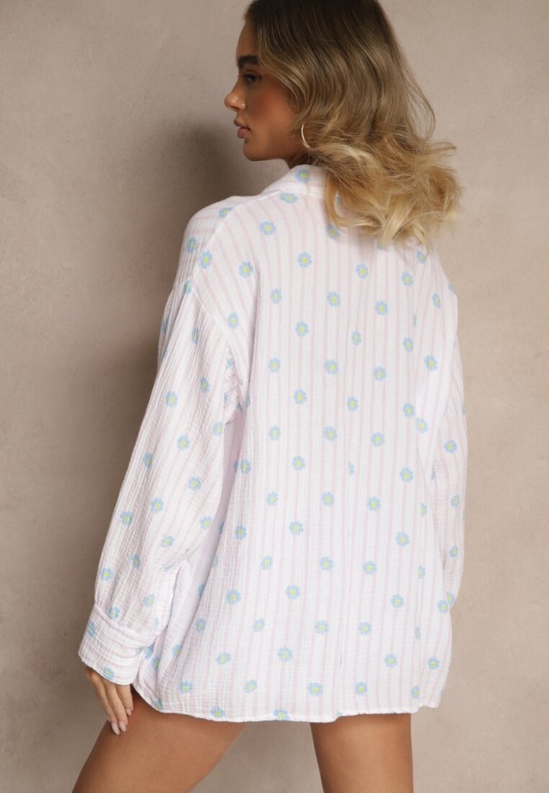 Różowo-Niebieska Koszula z Bawełny w Prążki Zdobiona Kwiatowym Wzorem Apiola