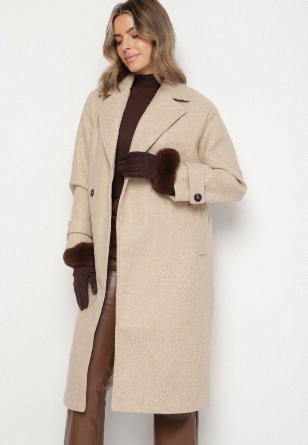 Beżowy Dwurzędowy Płaszcz Oversize z Wełny i Wiskozy w Eleganckim Stylu Tiliavia