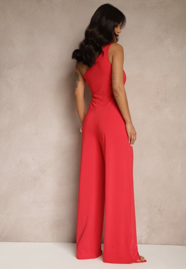 Czerwony Kombinezon Asymetryczny na Jedno Ramię z Długimi Nogawkami i Kieszeniami Efridelle