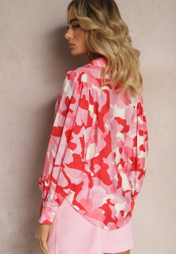 Czerwono-Różowa Koszula o Klasycznym Kroju z Zapięciem na Guziki i Długim Rękawem Fiomina