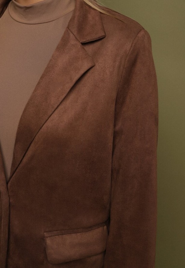 Brązowa Marynarka Oversize z Imitacji Zamszu o Pudełkowym Kroju Alonella