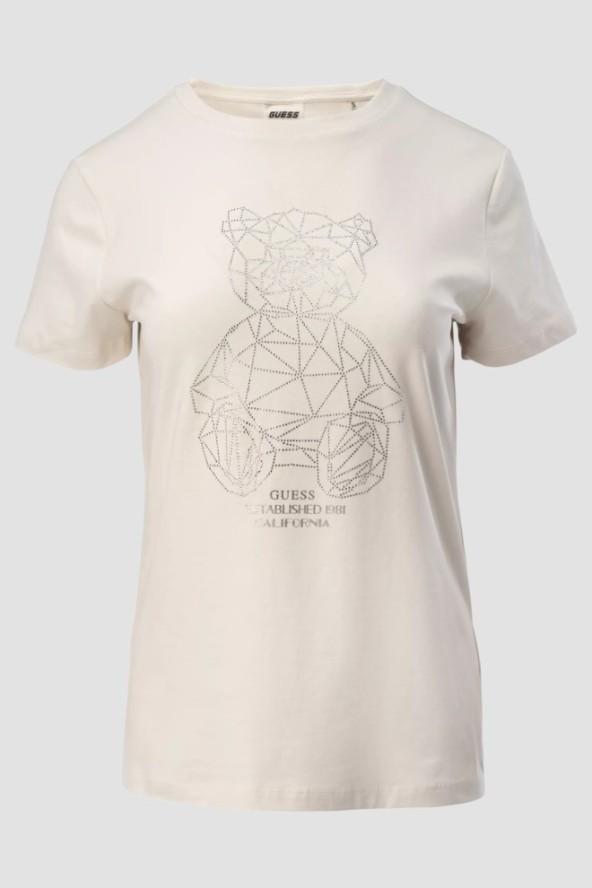GUESS Biały damski t-shirt na krótki rękaw z cyrkoniami Romy, Rozmiar L