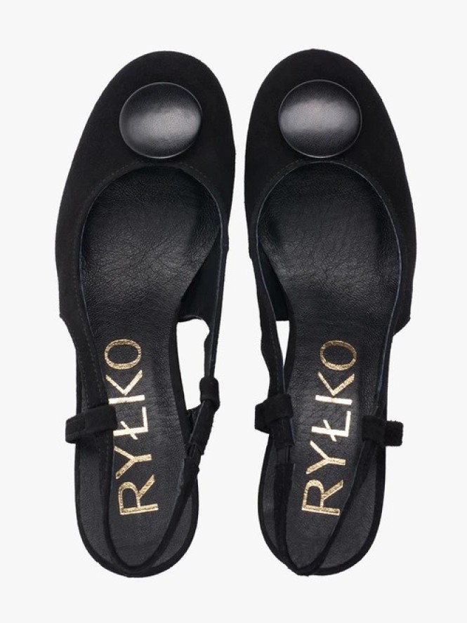 Czarne welurowe czółenka slingback bez pięty z ozdobą