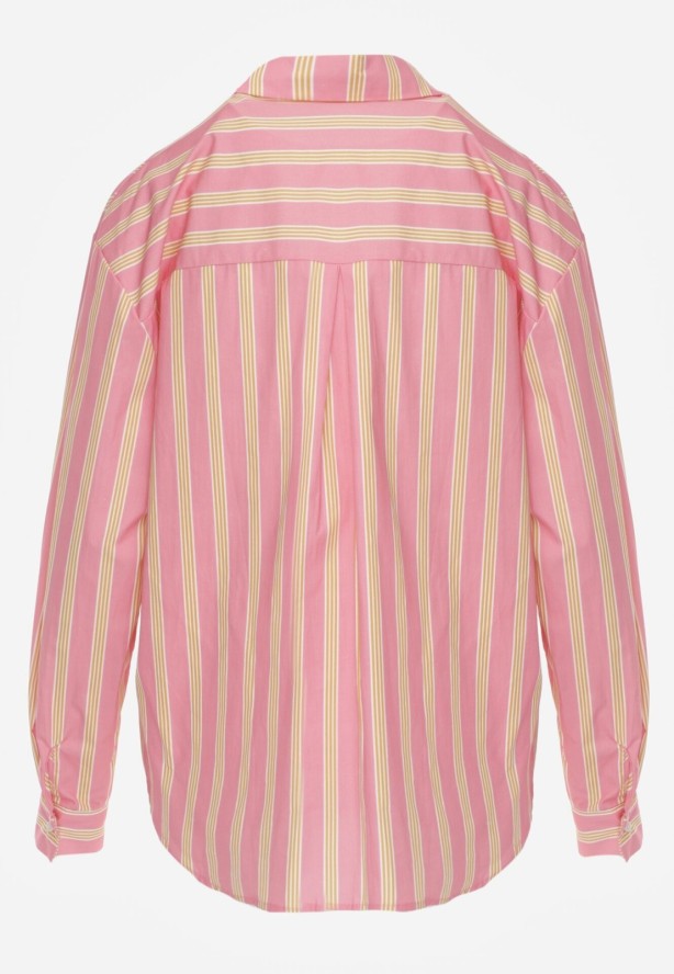 Różowa Bawełniana Koszula o Kroju Oversize Ozdobiona Pionowymi Paskami Ulialia