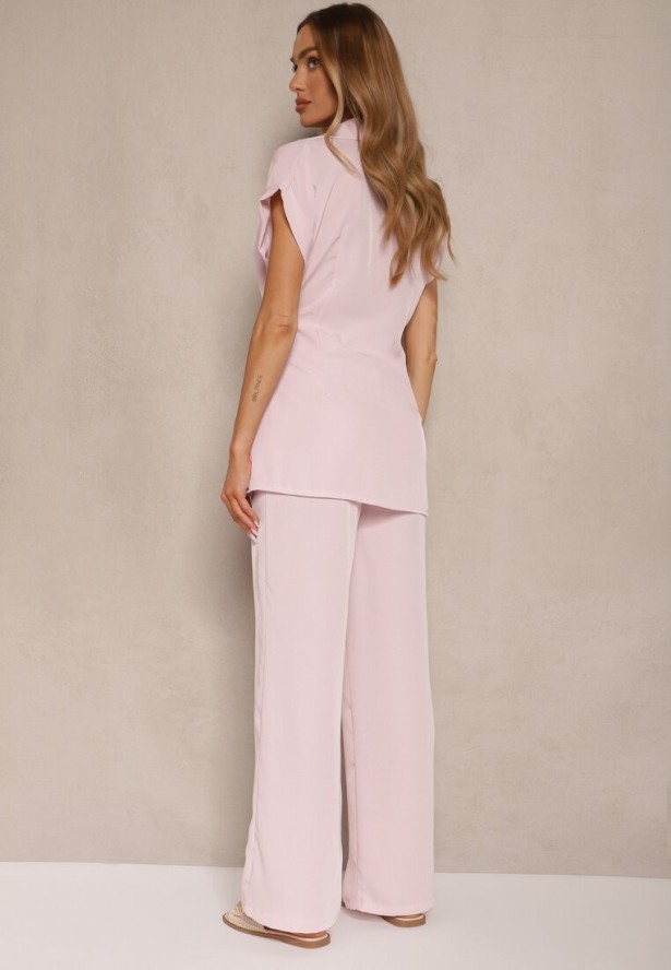 Różowy Komplet ze Spodniami o Szerokim Kroju i Koszulą z Ozdobnym Wiązaniem Filaniella
