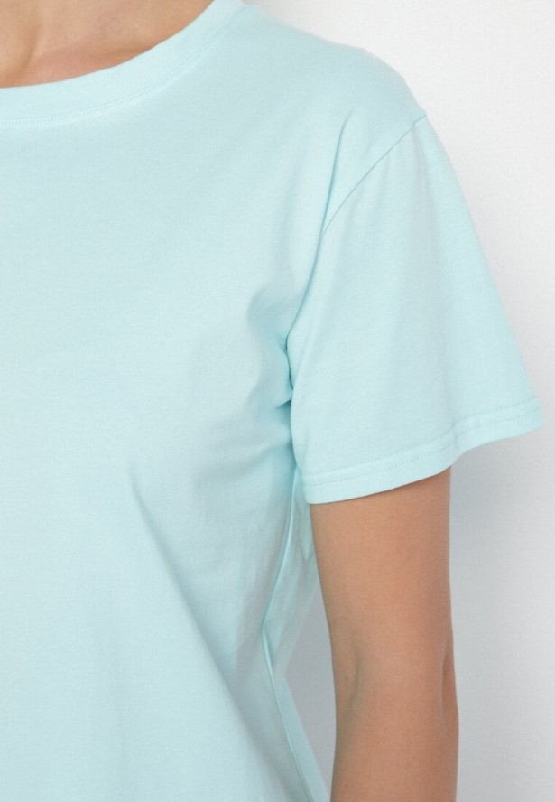 Jasnoniebieski Gładki T-shirt z Bawełny o Klasycznym Kroju Natime