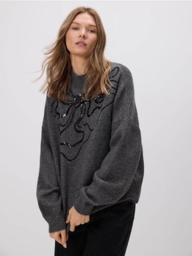 Sweter z cekinowym wzorem - szary