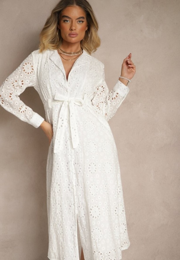 Biała Ażurowa Sukienka Koszulowa Ozdobiona Paskiem Tananilia