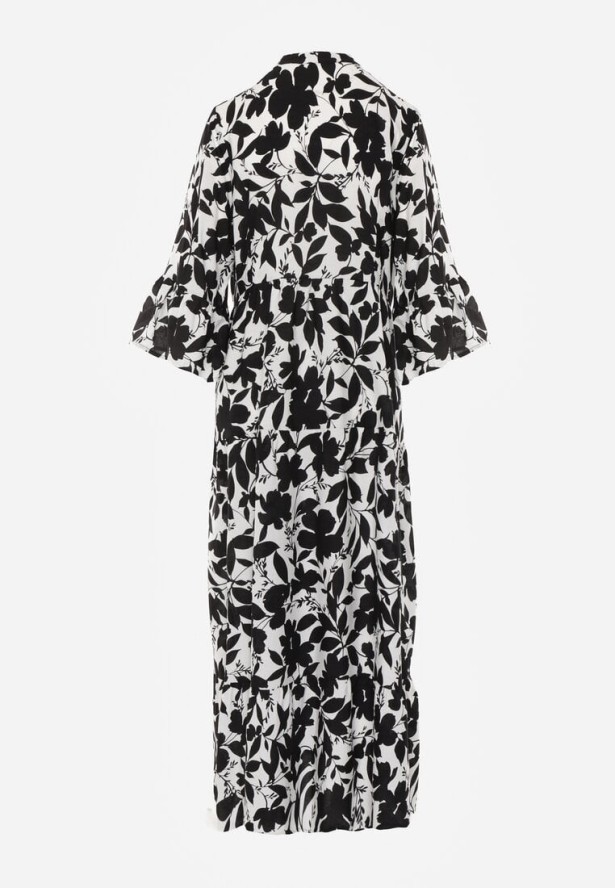 Czarno-Biała Rozkloszowana Sukienka Maxi na Guziki z Abstrakcyjnym Wzorem Uvellia